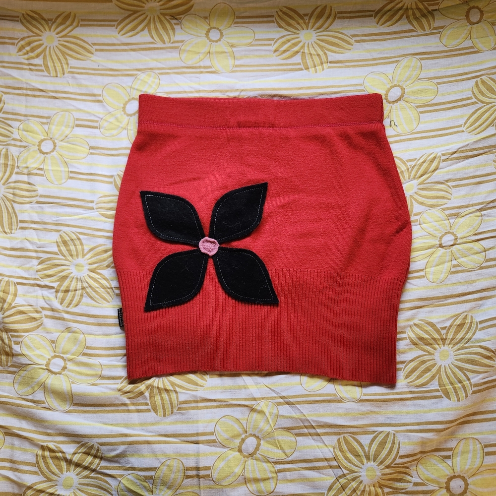 Red and Black Bum Warmer Mini Sweater Skirt with Flower Detail